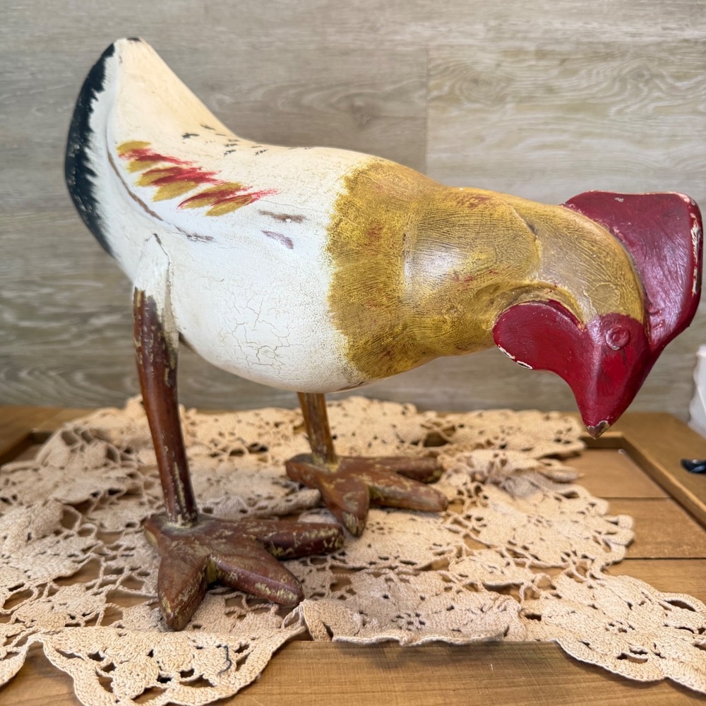 Hand Carved Wooden Rooster Figurine Rustic Farmhouse Folk Art Pecking Chicken